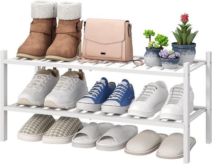 White Shoe Rack for Entryway, 2 Tier Shoe Organizer for Hallway Closet, Bamboo Wood Shoe Racks fo... | Amazon (US)