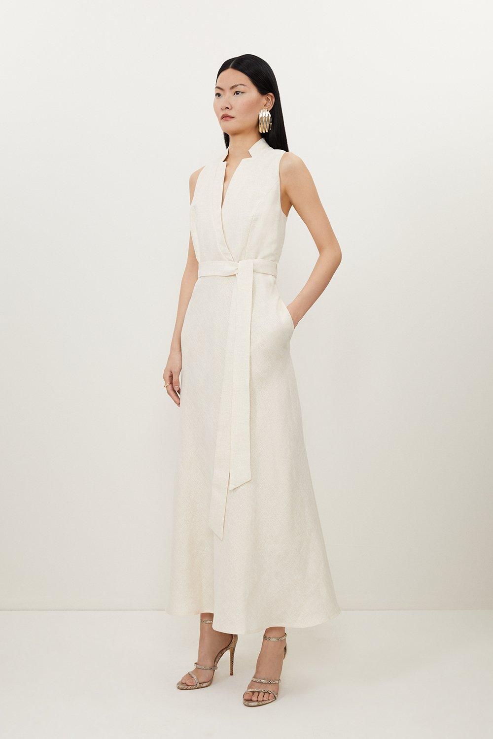 Tailored Linen Metallic Notch Neck Maxi Dress | Karen Millen US