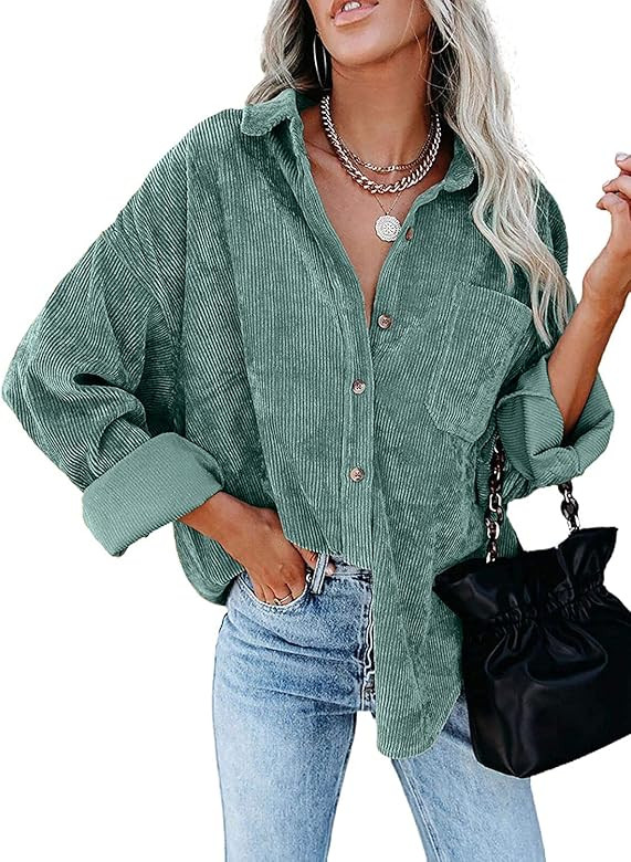 MIHOLL Women Corduroy Long Sleeve Button Down Collared Shirt Jacket Tops | Amazon (US)