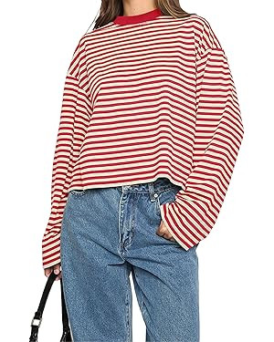 IWD Womens Striped Long Sleeve Shirts Y2k Oversized Drop Shoulder Sweatshirt Crewneck Color Block... | Amazon (US)
