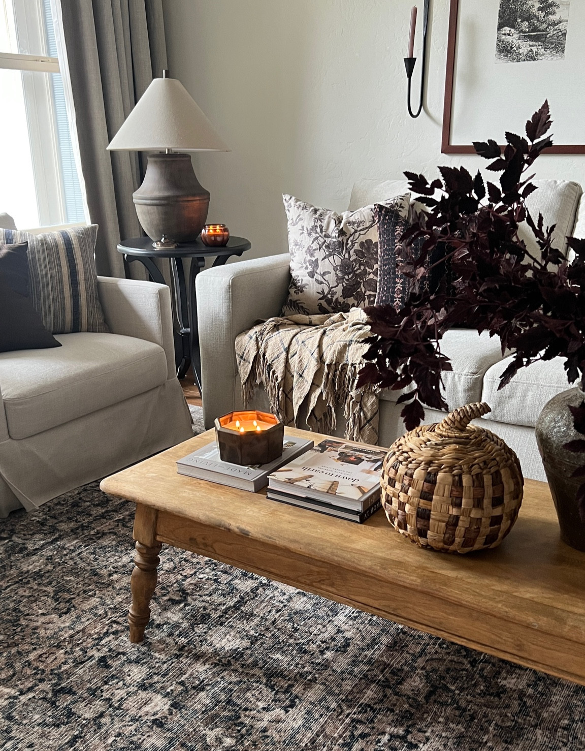 Autumn living room 

Living room styling ideas 

Floral throw pillow stripe plaid cover large custom sectional 24x36 frame tree sketch printable art woven lamp shade rattan vintage print rug pink mauve blue navy brown dark tan slipcovered foot rest stool studio mcgee amber interiors target Walmart viral vase pattern mix 

#LTKSeasonal #LTKFind #LTKhome