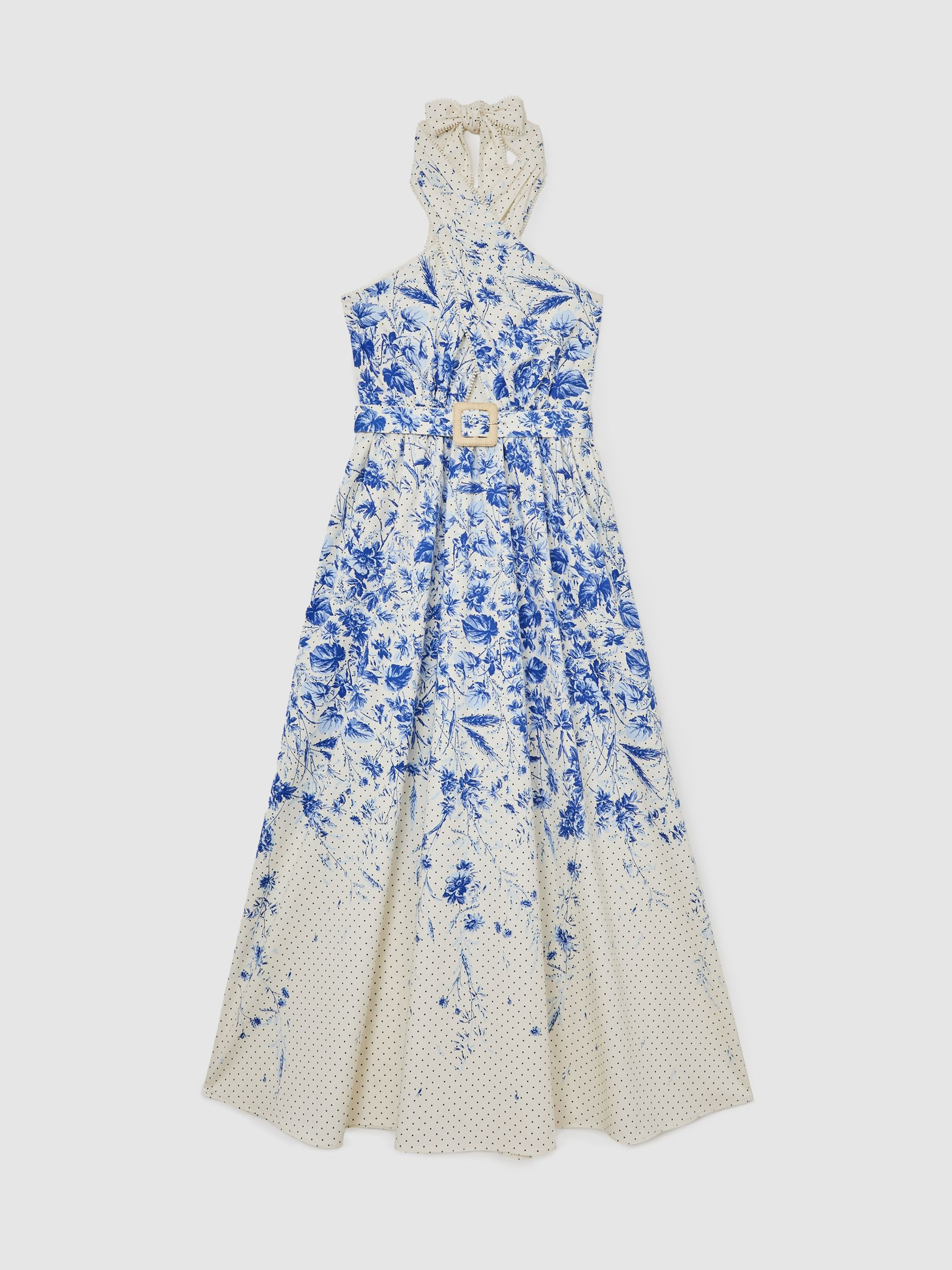 Cotton Floral-Print Belted Maxi Dress with Stretch in Ivory/Blue | Reiss UK