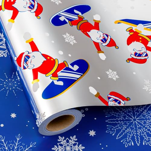 MAYPLUSS Reversible Christmas Wrapping Paper Roll - 17Inch X 33Feet - Funny Metallic Foil Athletic Santa Claus Skating Snow Pattern Winter Gift Wrap Paper for Christmas, Holiday, Party, Celebration | Amazon (US)