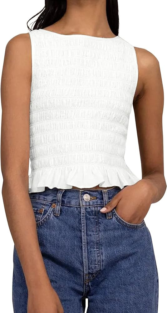 MISSACTIVER Women Casual Frill Smocked Ruffle Hem Crop Tank Top Shirred Crew Neck Sleeveless Slim... | Amazon (US)