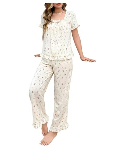 Verdusa Women's 2 Piece Pajama Sets Floral Print Puff Sleeve Bow Front Square Neck Short Sleeve Top and Pants Pajama Set Apricot X-Large | Amazon (US)