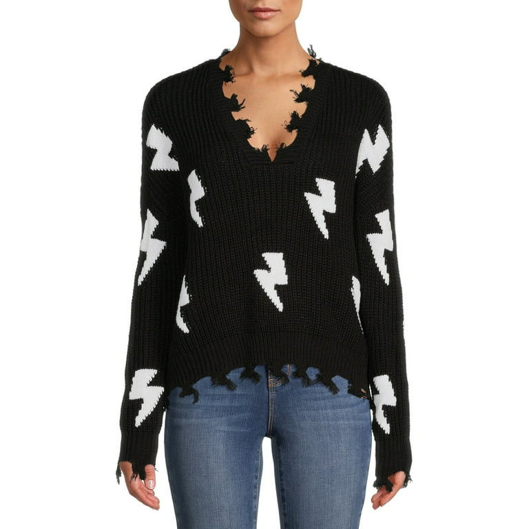 No Boundaries Juniors' Chewed Conversational Sweater | Walmart (US)