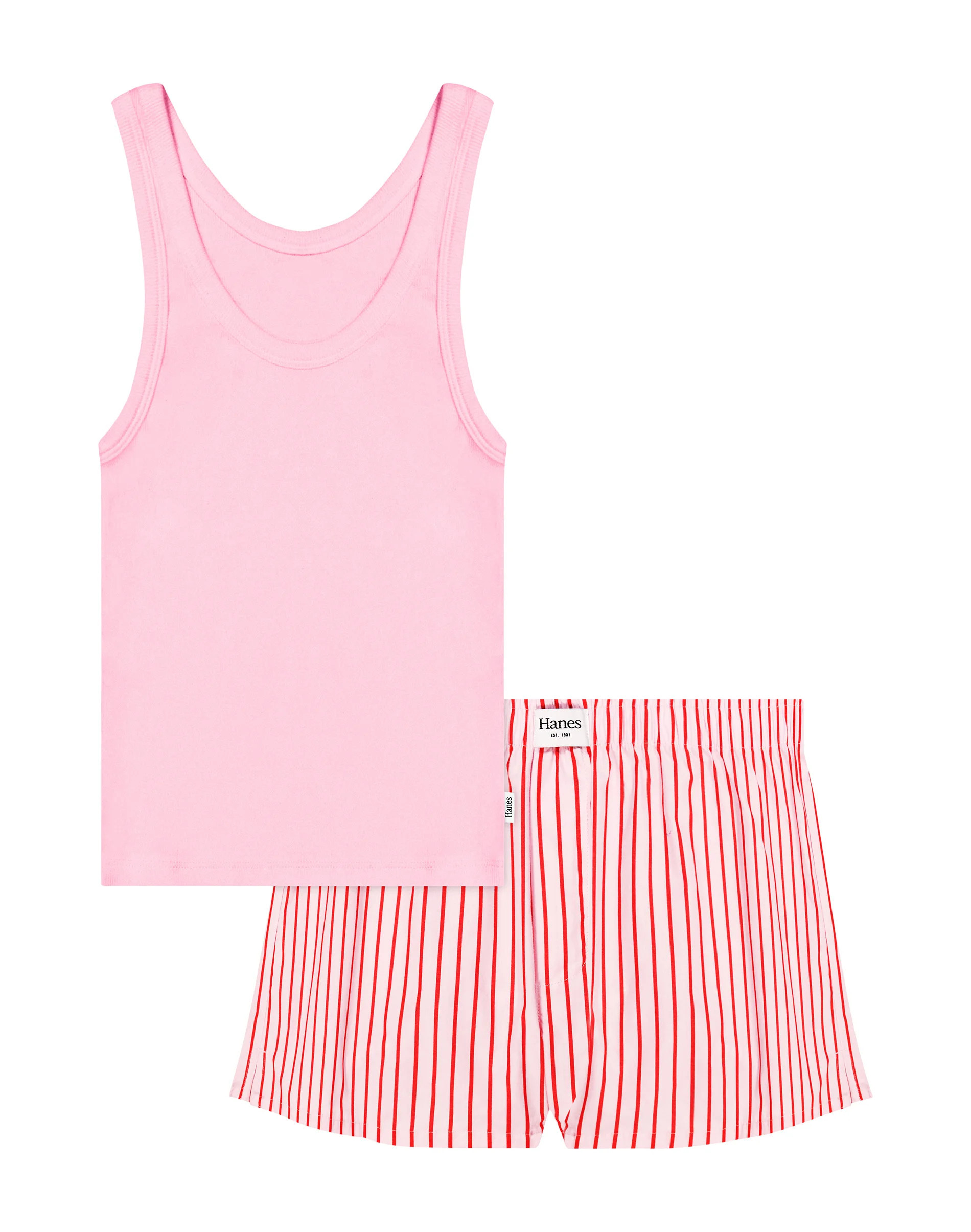 Hanes Originals Women's Comfywear Pajama Set, Sleep Top & Woven Shorts, Loungewear Dream House Pink/Dream Pink Stripe L | Hanes.com