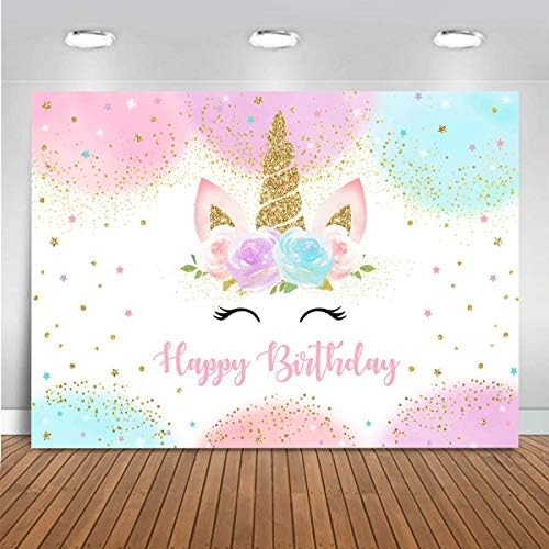 Mocsicka Rainbow Unicorn Backdrop Happy Birthday Party Decorations for Girls Watercolor Floral Glitt | Amazon (US)