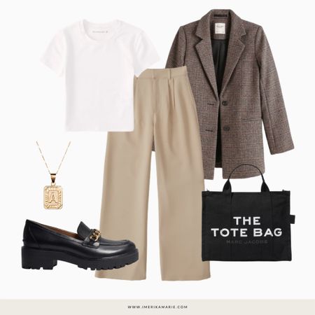 fall outfits. fall. outfits. outfit. work wear. work outfit. blazer. white tee. trousers. wide leg pants. loafers. the tote bag marc jacobs. abercrombie and fitch. sam edelman loafer. 

#LTKSeasonal #LTKworkwear #LTKstyletip