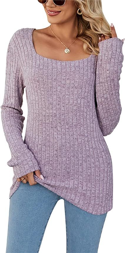 Miqil Women Long Sleeve Knitted Bodycon Sweater Solid Square Neck Ribbed Knit Pullover Sweater Ju... | Amazon (US)