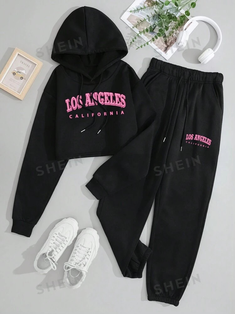 SHEIN EZwear Letter Graphic Drawstring Thermal Lined Hoodie & Sweatpants | SHEIN