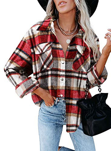Astylish Womens Roll Up Long Sleeve Collared Button Down Plaid Flannel Shirt with Pockets Red XX-Large | Amazon (US)