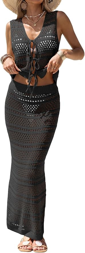Fisoew Womens Crochet Cover Up 2 Piece Skirt Sets Sleeveless Crop Cardigan Tank Tops Swim Coverup... | Amazon (US)