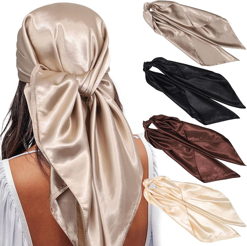 AWAYTR 4-Pack 35" Satin Head Scarves for Women, Silk-like Hair Bandanas | Amazon (US)