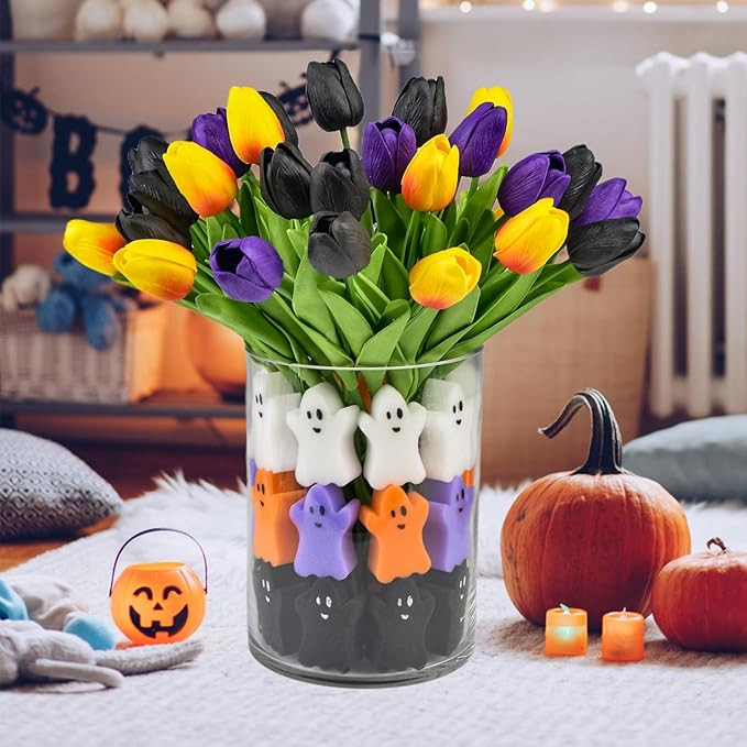 39PCS Halloween Vase Filler Decorations Kit, 15PCS Tulips Artificial Flowers with 24PCS Ghost Vas... | Amazon (US)