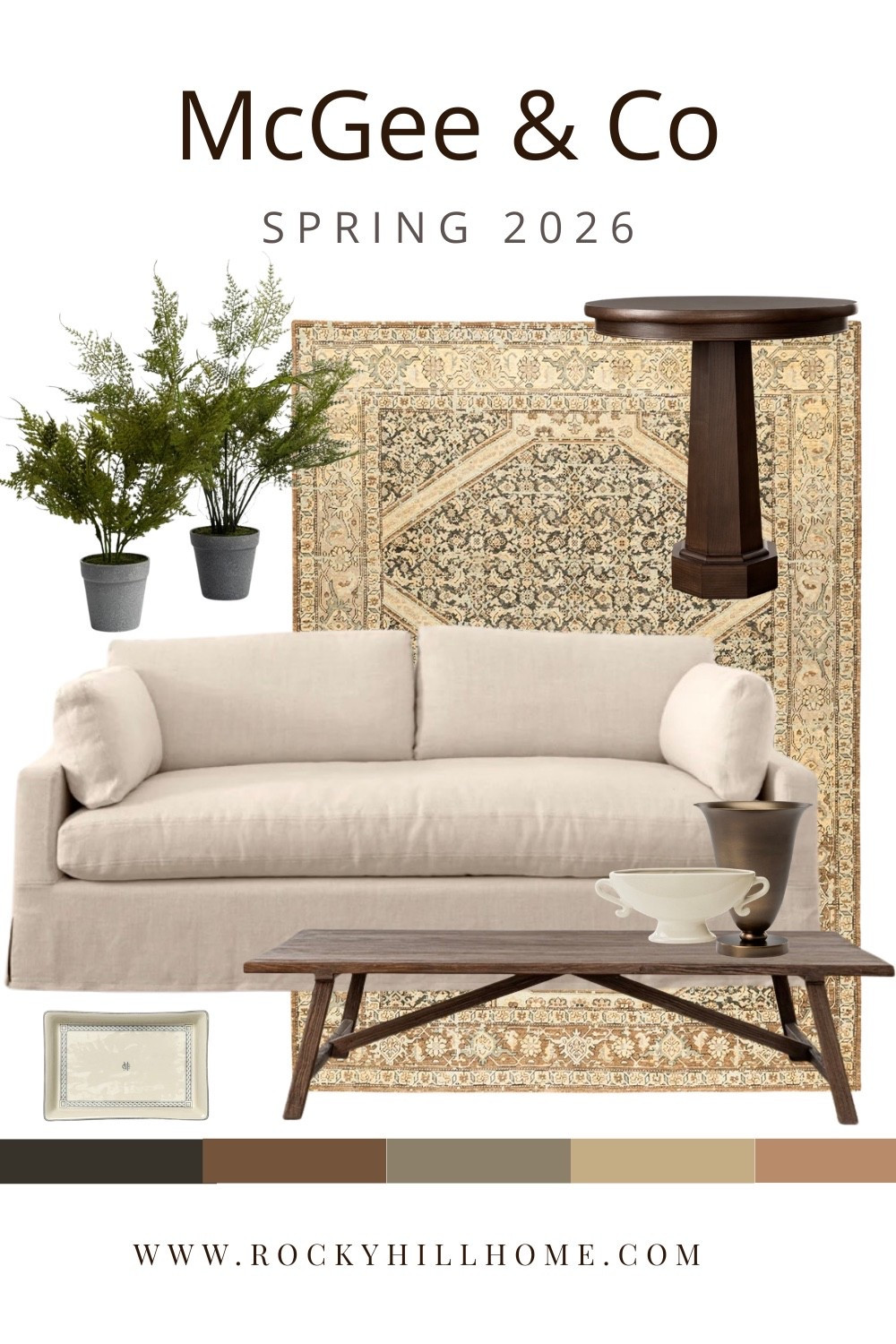 McGee & Co Spring favorite home decor and furniture. Including a vintage style rug, dark wood round side table, brass vase, and trinket tray.

#LTKSeasonal #LTKHome