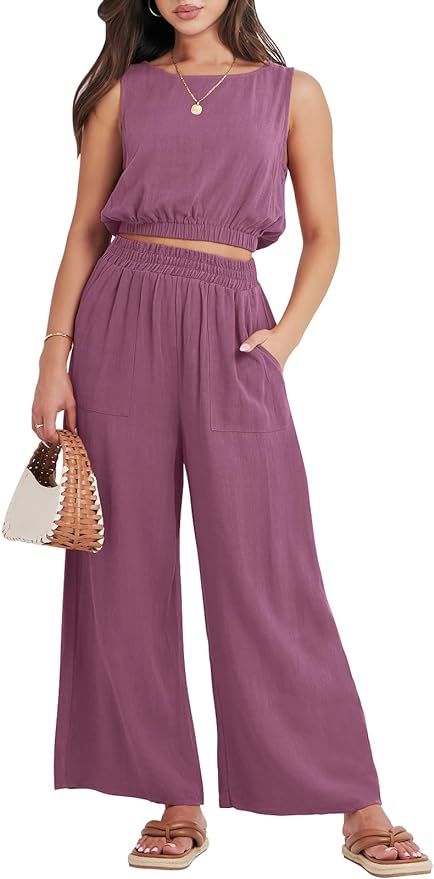 ANRABESS Women’s Summer 2 Piece Outfits Sleeveless Crop Top Tank and Wide Leg Pants Linen Jumps... | Amazon (US)