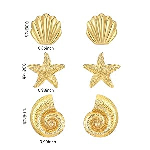3 Pairs Beach Earrings for Women 14K Gold Statement Earrings Summer Ocean Jewelry Starfish Conch ... | Amazon (US)