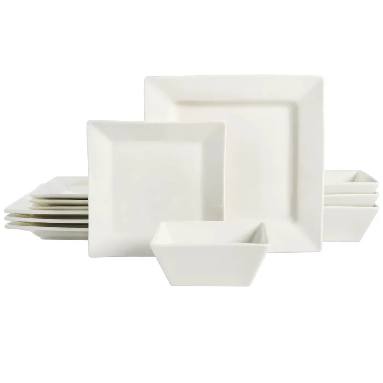 Gibson Everyday Hard Square 12 Piece Fine Ceramic Dinnerware Set in White | Walmart (US)