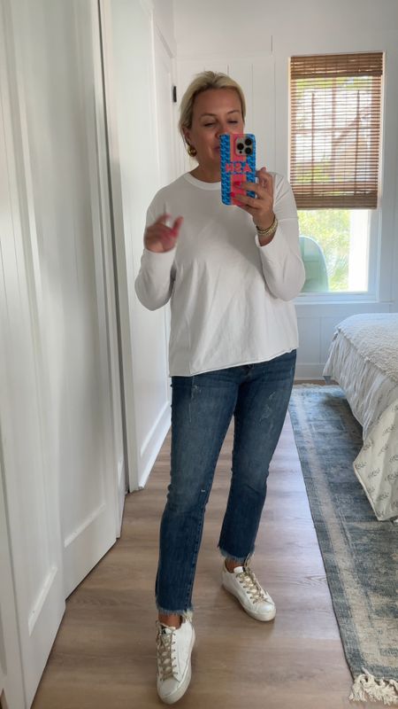 Spend $150, get 25% off. Wearing the best layering tee. Comes in black, too. Size small. Use code FANCY10 for extra 10% off. Jeans are size 25

#LTKstyletip #LTKsalealert #LTKunder100