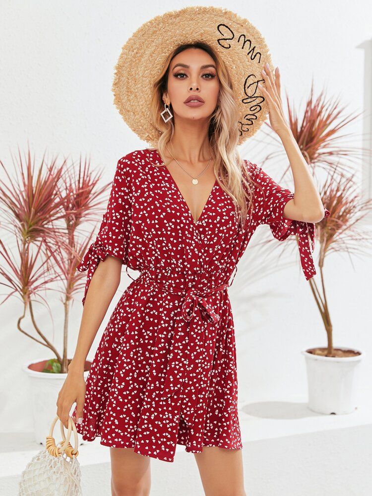 Knot Cuff Allover Heart Print Belted Dress | SHEIN