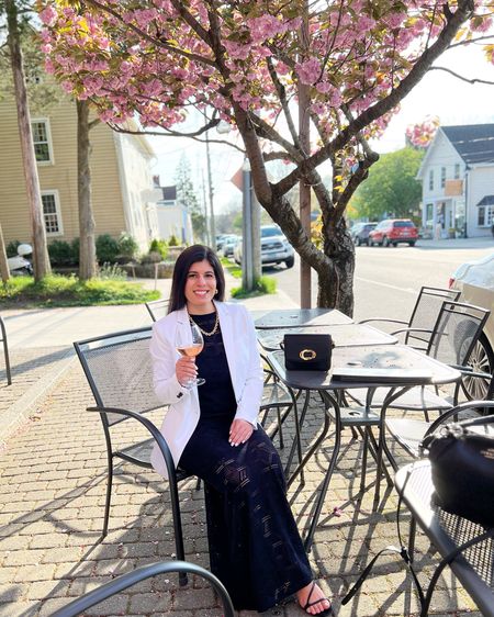 Cheers to patio season! 
Mostly, anyway, got a little chilly after I finished my glass of wine and decided to dine indoors. But this cherry blossom lined patio will only be in bloom for so long, and I didn’t want to miss it !