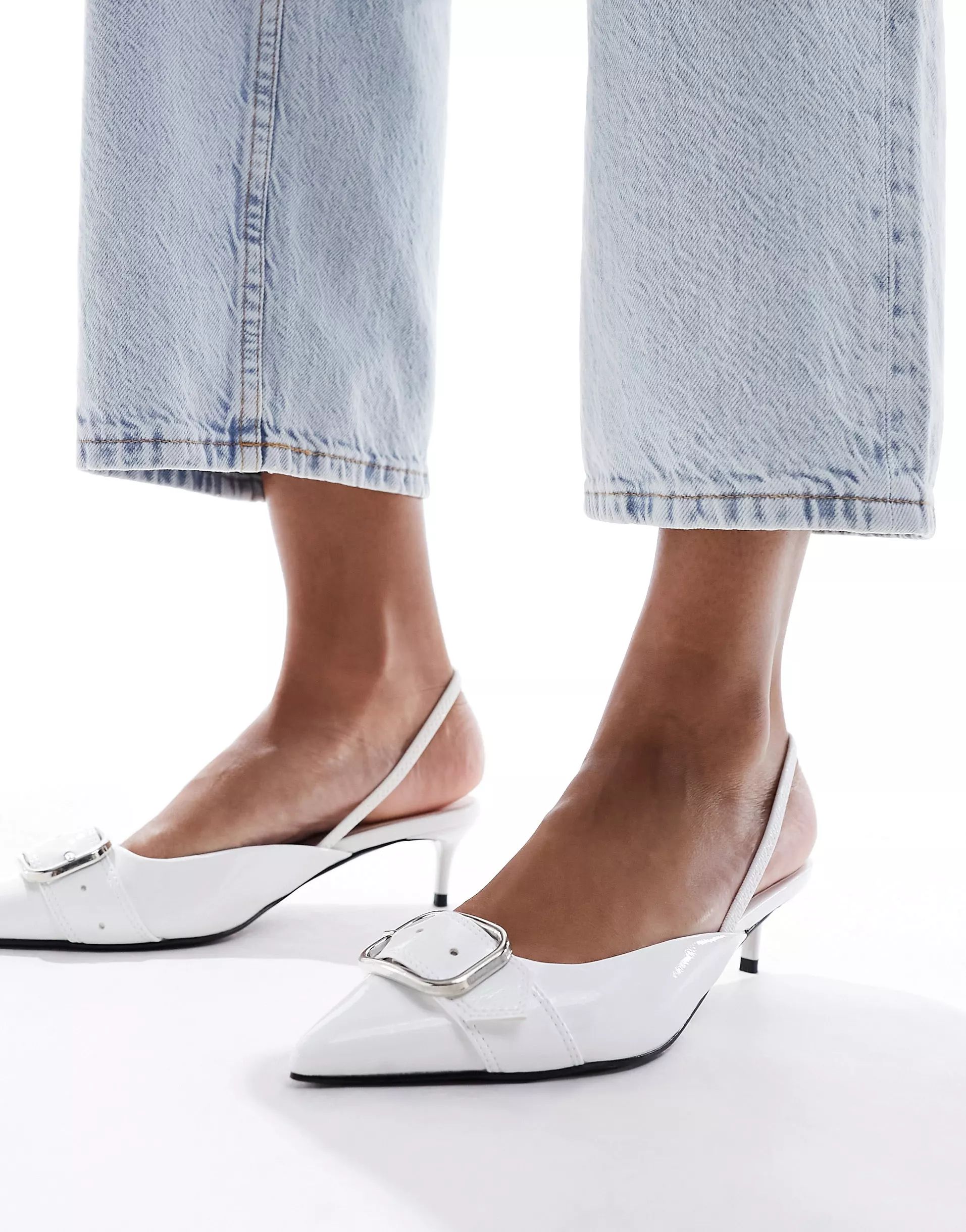 ASOS DESIGN Score buckle slingback kitten heeled shoes in white | ASOS (Global)
