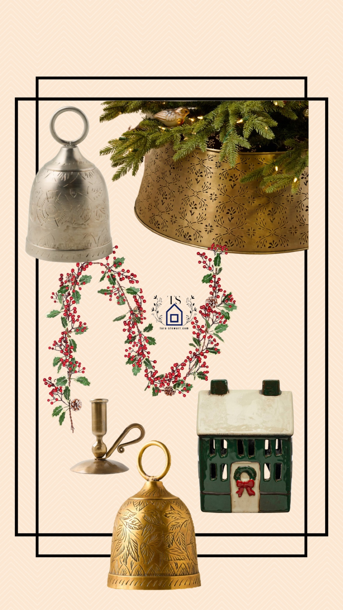 Christmas must haves!
Brass etched Christmas tree collar, brass candle holder, berry garland, silver bells, Christmas village house & vintage brass bells. 

#LTKStyleTip #LTKHome #LTKSeasonal