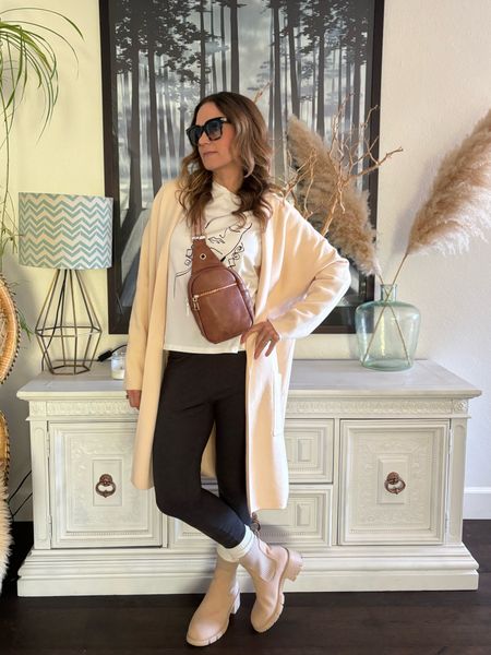 My cozy winter outfit look for 2024.  Loving this creamy coatigan, and hands free crossbody bag.  

#LTKfindsunder50 #LTKitbag #LTKover40