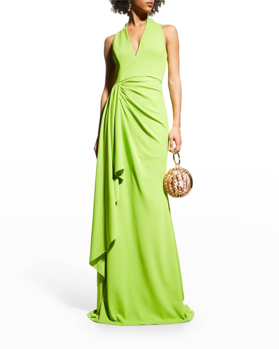 Badgley Mischka Collection Ruched Halter Dress w/ Drape | Neiman Marcus