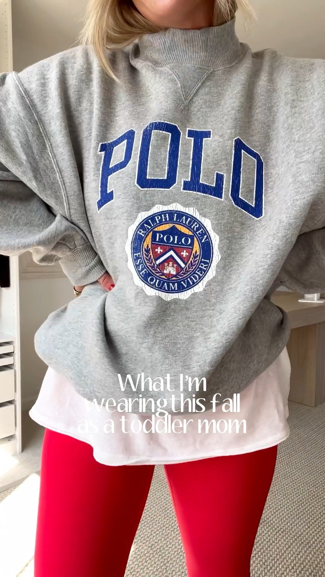 Everyday mom outfit idea with leggings - vintage style Ralph Lauren polo sweatshirt (TTS)