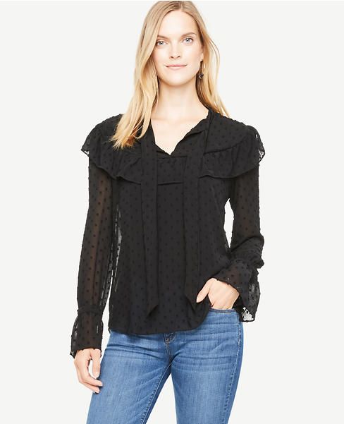 Dotted Ruffle Tie Neck Blouse | Ann Taylor (US)
