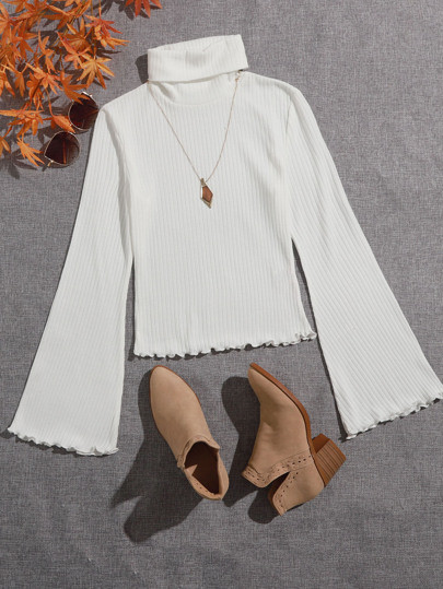SHEIN Turtle Neck Bell Sleeve Lettuce Trim Rib-knit Top | SHEIN
