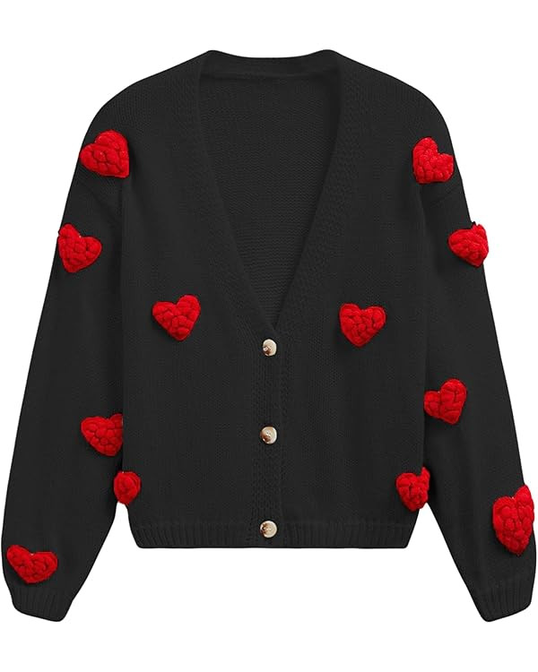 CHICWISH Women 3D Heart Open Front Cardigan Sweaters V-Neck Casual Button-Up Long Sleeve Cropped ... | Amazon (US)