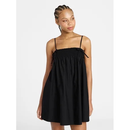 No Boundaries Cotton Poplin Smocked Mini Dress with Tie Straps, Women's XXS-XXL | Walmart (US)