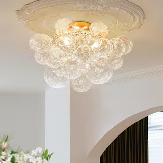 HUOKU Neuvy 20.9 in. W 3-Light Brush Gold Semi-Flush Mount Brass Close to Ceiling Light with Clus... | The Home Depot