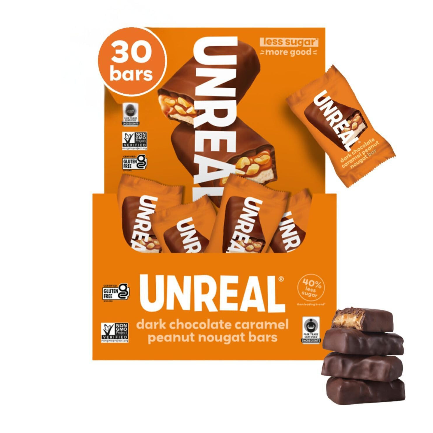 UNREAL Dark Chocolate Peanut Caramel Nougat Bars (30 Mini Bars) | 70% Organic Ingredients, Fair T... | Amazon (US)
