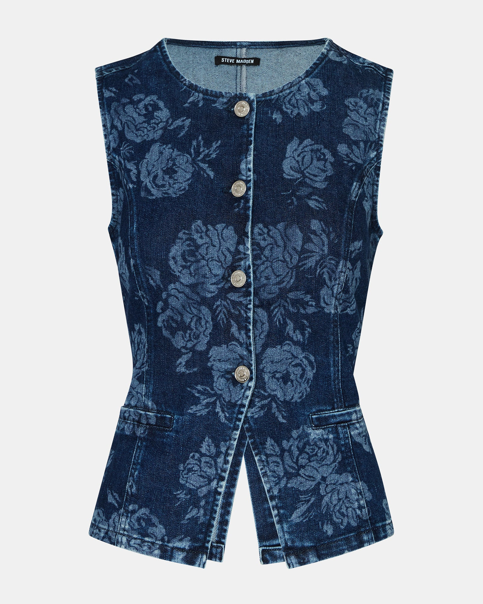 WESLEY Rose Frost Floral Print Button-Up Denim Vest Women's Top | Steve Madden (US)