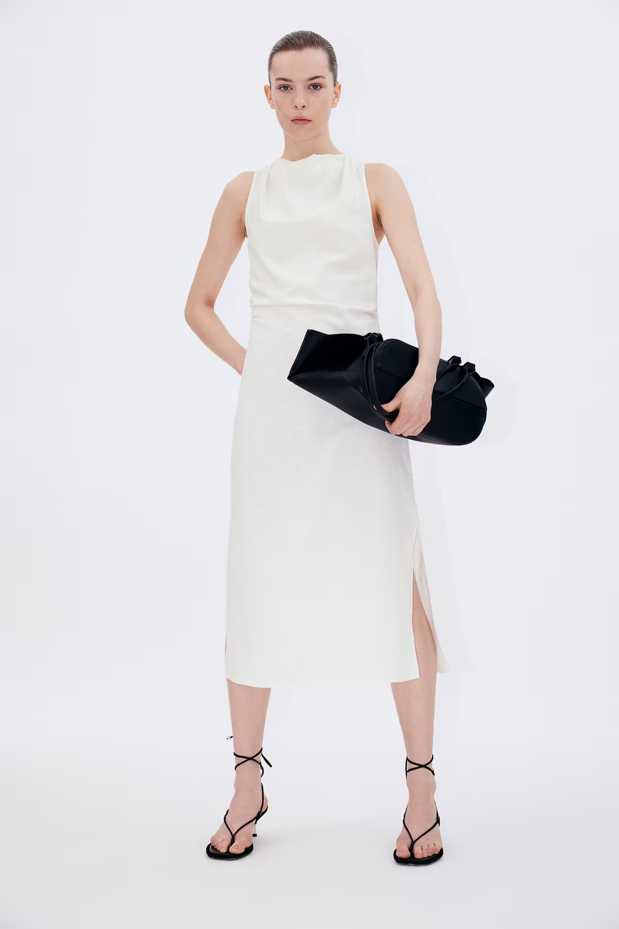 Vestido drapeado en mezcla de lino - Cuello drapeado - Sin mangas - Blanco - MUJER | H&M ES | H&M (FR, IT, ES, PT, BE)