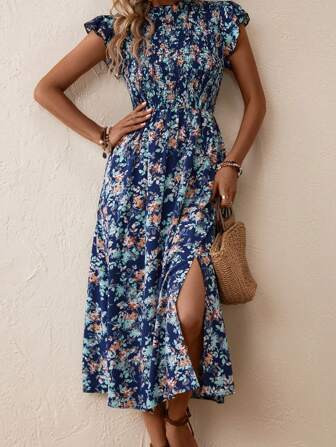 SHEIN VCAY Allover Floral Print Split Thigh Dress | SHEIN