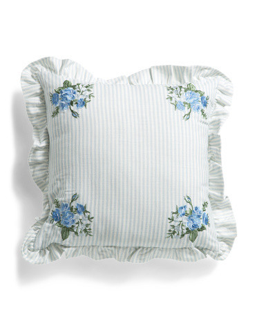 18X18 Stripe Floral Embroidery Ruffle Pillow, Cotton/Polyester | TJ Maxx