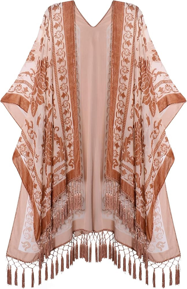 MJ SERECA Women's Burnout Velvet Kimono Long Cardigan Cover Up Without Tassel | Amazon (US)