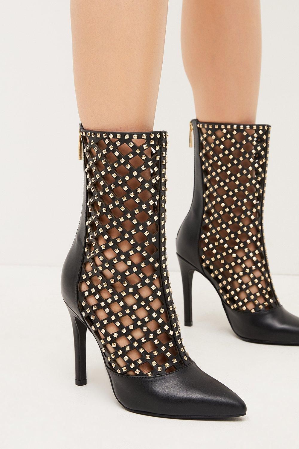 Leather Studded Caged Ankle Boot | Karen Millen US