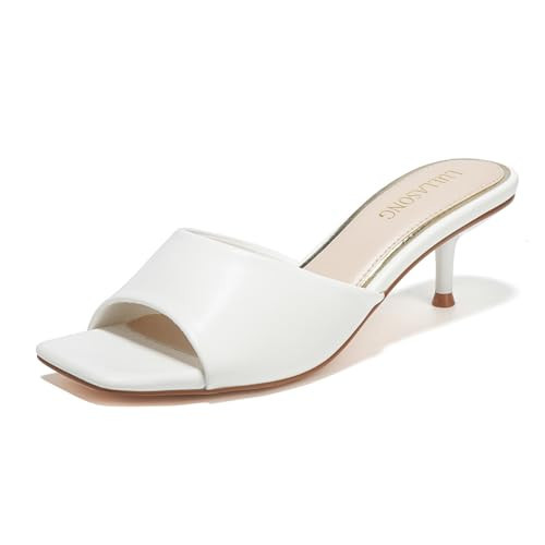 LULLASONG White Kitten Heels Sandals Low Heels Slip On Slides 2 Inch Heeled Square Open Toe Sandals for Women | Amazon (US)