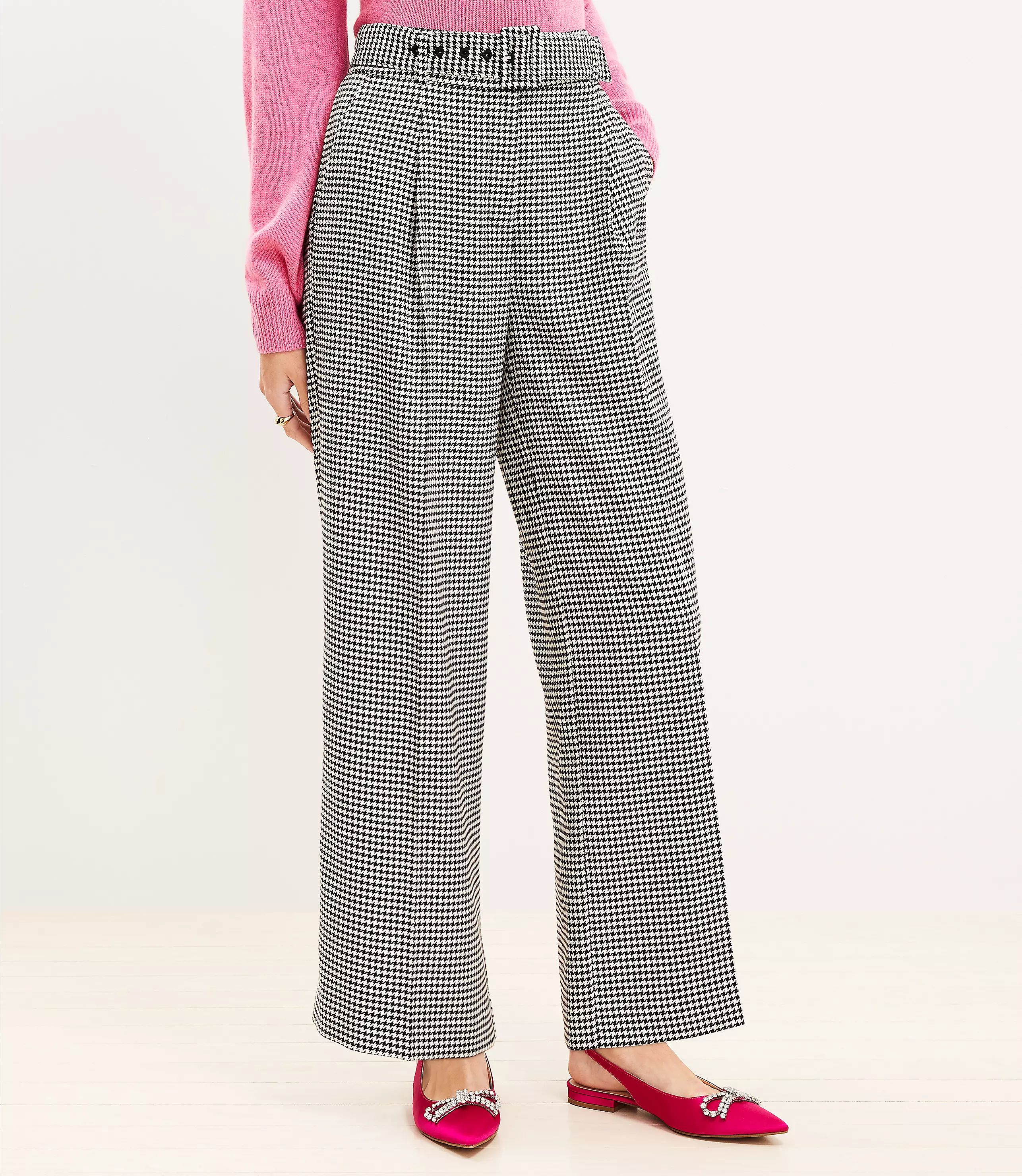 Petite Belted Wide Leg Pants in Houndstooth | LOFT