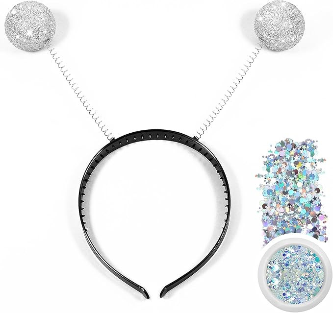 MUKOSEL Alien Headband with Glitter, Silver Martian Antenna Headband Glitter Ball Boppers, Alien ... | Amazon (US)