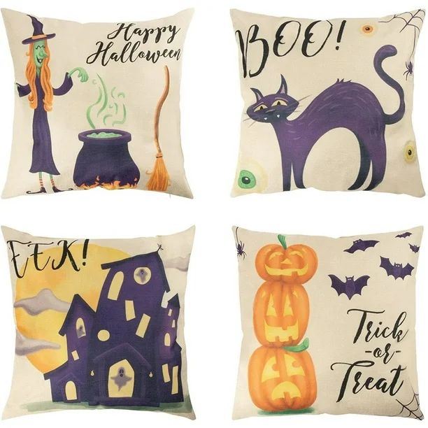 4 Pack Halloween Throw Pillow Covers, Cases with Spooky Designs, Square, 18 x 18 in - Walmart.com | Walmart (US)