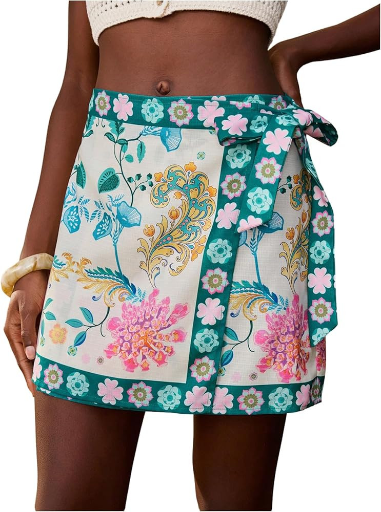 MakeMeChic Women's Wrap Skirt Skort Summer Linen Skirt Vacation Boho Mini Short Skirts | Amazon (US)