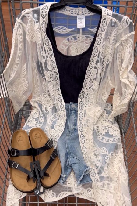 Walmart summer outfit idea with this lace duster that doubles as a swimsuit coverup! Denim shorts $15, tts, mom friendly👏 Comfy sandals similar to Birkenstock, I went down a full size. #vacation outfit beach

#LTKSwim #LTKFindsUnder50 #LTKStyleTip