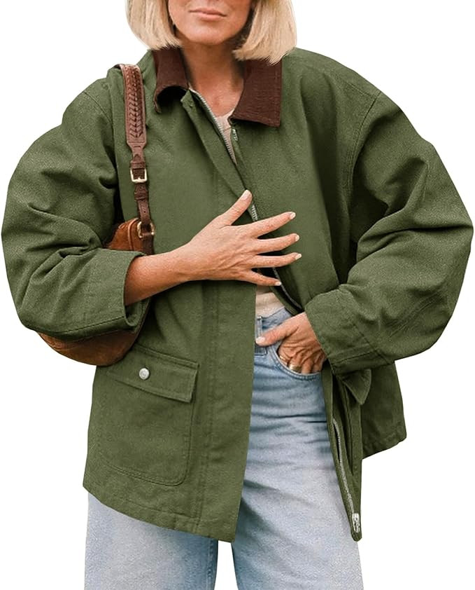 Tankaneo Womens Oversized Barn Jacket Zip Up Military Safari Jackets Fall Color Block Vintage Tre... | Amazon (US)